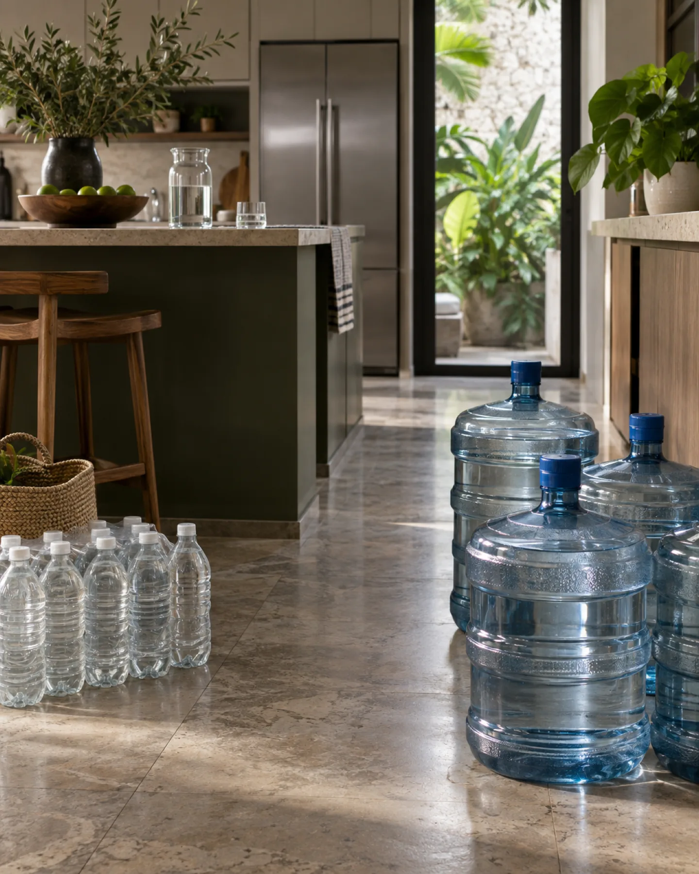 Botellones y botellas de agua almacenados en un hogar